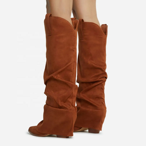 Custom Slouched Denim Cowboy <b>Boots</b> Overlay Women's Slip-on Point Toe Knee High Booties Blue High Chunky Heel Size 43 - Product Image 5