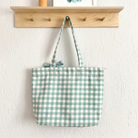 Sac fourre-tout coréen en toile à carreaux vichy avec nœud décoratif, grand sac à bandoulière écologique pour femme, idéal pour le quotidien et le shopping, vente en gros