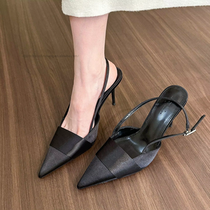 2026 New Arrival Women's Shiny Satin Mules Sandals <b>Pointed</b> Toe Stiletto Heel Ankle Strap Dress Shoes - Product Image 2