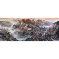 Peinture de paysage sur papier Xuan traditionnel chinois Shanshui, peinte à la main, de 367x144 cm, avec un thème forêt rouge et porte-bonheur