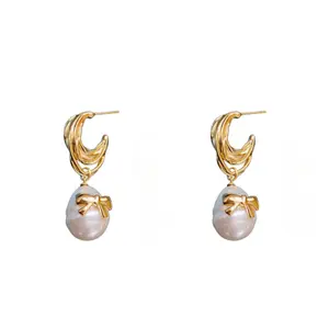 luxury vintage pearl earrings set jewelry gold plated freshwater pearl drop button pearl dangle brass vintage statement earrings