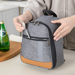 Sac à déjeuner isotherme en tissu Oxford gris brun, sac à dos de transport extérieur avec double poche en filet - Product Image 2