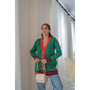 Cárdigan de punto con estampado verde para mujer, informal, con contraste de color, anti-bolitas, cuello en V, suéter de manga larga, top de moda - Product Image 3