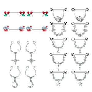 5Pair/Set Cherry Ice Cream Drops and Flowers Indian Nipple Rings 316L Steel Non Piercing Nipple Rings Body Jewelry Wholesale