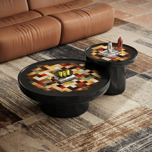 Tavolini Laterali con Piedistallo in Fibra di Vetro FRP Lucida Stile Metà Secolo, Colore <span class=keywords><strong>Nero</strong></span> Scuro <span class=keywords><strong>Laccato</strong></span> con Intarsi Colorati, Tavolino da Caffè - Product Image 1