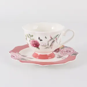 160ML New Bone China Flower Shape Cup and Saucer with Decal Vintage Floral Cup Saucer Set Factoies Supplier Coffee Mugs Set