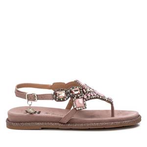 Sandali piatti da donna Xti con cinturino a T, in finta pelle scamosciata, con strass e perline, modello 144017 Wisteria, calzature estive - Product Image 1