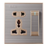 Saklar 1 Gang + Stopkontak 5 Pin 13A MF Standar Bangladesh Pakistan UK, Panel Stainless Steel Warna Champagne, Harga Terbaik, Laris Manis