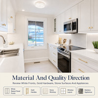 Kabinet Dapur Shaker Putih Gagang Emas Tata Letak Bentuk L Kompor Gas Microwave Wastafel Meja Kerja Batu Keran Engsel Keranjang Laci