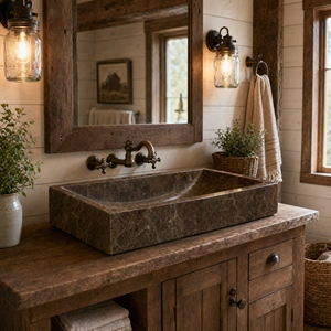 Lavabo Rectangular de Pared para Baño, Mármol Emperador Oscuro Pulido, Diseño Contemporáneo - Product Image 5