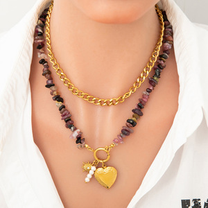 Collier pendentif cœur superposé en pierre naturelle, chaîne en acier inoxydable plaqué or 18 carats, bijou de mode pour clavicule - Product Image 5