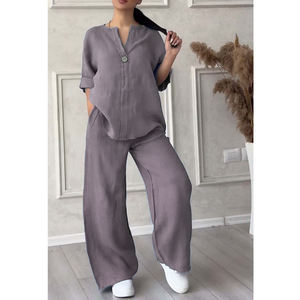 Conjunto de 2 Piezas de Pantalones Anchos Casuales de Color Sólido, de Algodón y Lino, para Mujer - Product Image 4