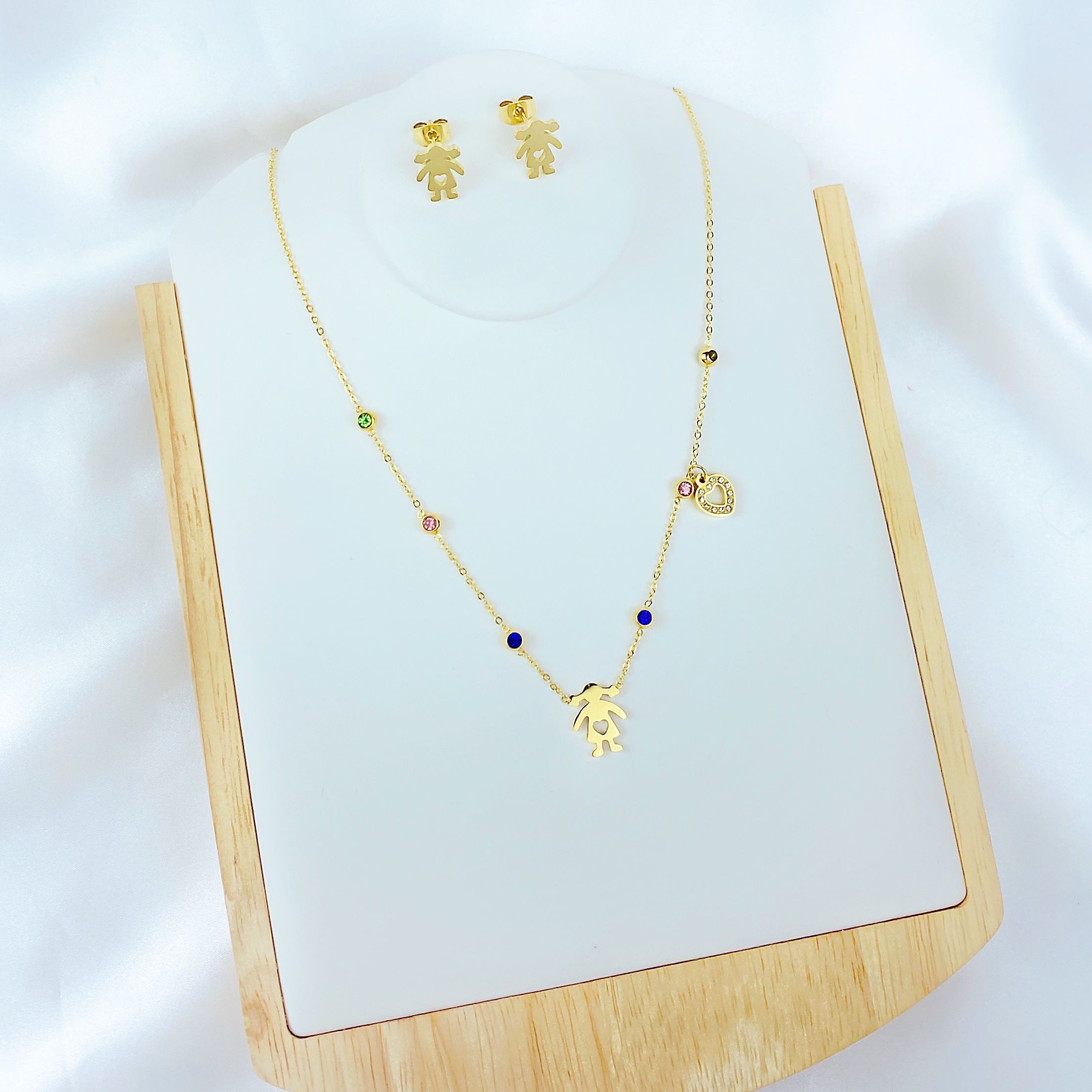 Cadena de oro de moda niños Acero inoxidable feliz niño y niña besos colgante pendientes conjunto de los niños conjunto de joyas