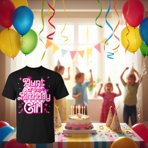 T-shirt con scritta 'Aunt Of The Birthday Girl' dal design a quadretti rosa per la festa in famiglia - Product Image 3