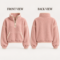 Pull Sherpa Décontracté pour Femme, Col Montant Demi-Zip, Bordure Contrastante, Poche Pochette, Coupe Ample, Vente en Gros
