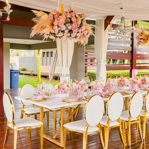 Mobília luxuosa do metal de aço inoxidável empilhável moderno do ouro redondo partido traseiro que janta a cadeira do banquete para cadeiras do evento do casamento