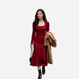 เดรสไหมพรมคอเหลี่ยมสีแดงสุดหรู แขนยาว ทรงเข้ารูป ติดกระดุม ความยาวปานกลาง สำหรับผู้หญิง ฤดูใบไม้ร่วง - Product Image 1