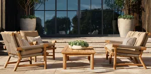 LINDON Modern Design Fields Cane Chair Teak Rattan Lounge Chair Outdoor Fabric Cushion Living Room Home Furniture Armchair