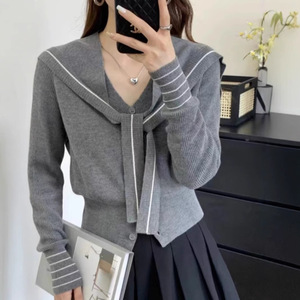 Korean-style Preppy <b>Navy</b> Collar Long Sleeve Knit <b>Cardigan</b> For <b>Women</b> Apricot Gray Black Burgundy Coffee Thin Polyester V-neck - Product Image 3