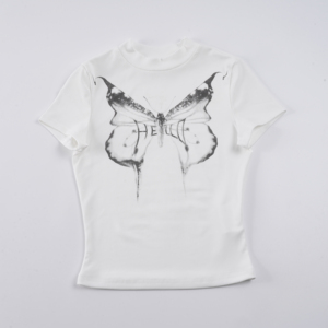 T-shirt à manches courtes pour femme, coupe slim, imprimé papillon, couleur unie, style streetwear branché - Product Image 2