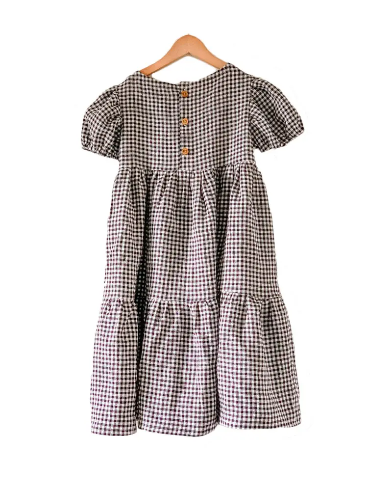 Pure Cotton Black Gingham Girls Summer Dress Toddler Kids Puff Sleeve Tiered Midi Dress