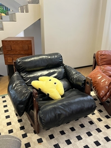 Fauteuil d'appoint en cuir marron rétro de haute qualité, chaise longue de loisirs surdimensionnée avec structure en bois massif pour salon - Product Image 3