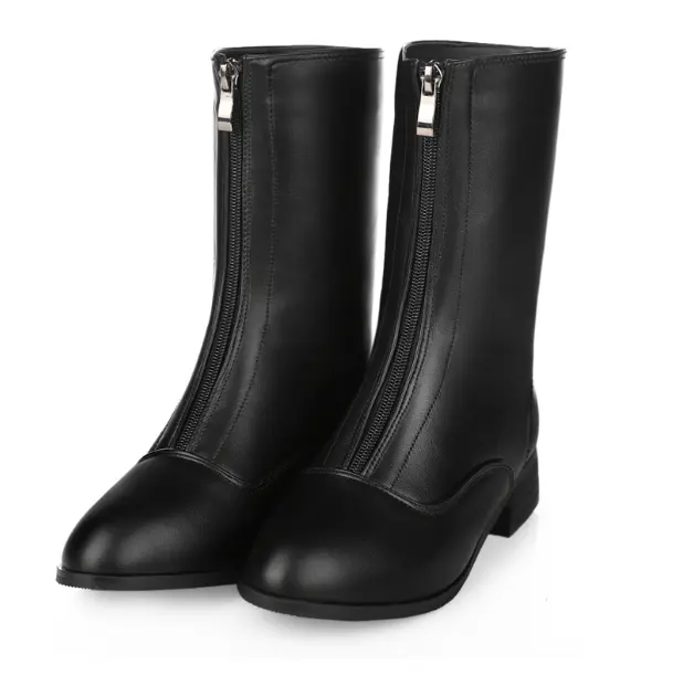 The Very Popular Genuine Mid-calf Leather Women Black Boots with the Front Zipper