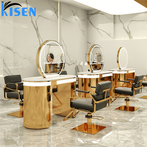 Espejo de pie de acero inoxidable KISEN para salón de belleza con estantes de almacenamiento y diseño contemporáneo para barbería. - Product Image 5