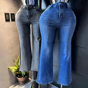 Jeans de mezclilla vintage de cintura media, holgados, de pierna recta, con bordado de diamantes de imitación azules para mujer, al por mayor, estilo urbano, tallas grandes - Product Image 5