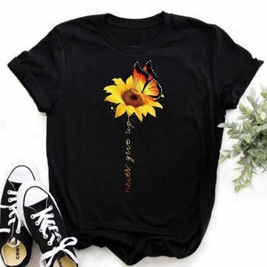 [Talla Europea] Camiseta Informal de Algodón Kawaii para Mujer, Marca <span class=keywords><strong>Maycar</strong></span>, con Estampado de Girasoles y Mariposas, Manga Corta, Cuello Redondo - Product Image 2