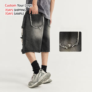 Vaqueros de mezclilla de alta calidad, vintage, de punto, de moda, de pierna ancha, desgastados, estilo Y2K, al por mayor, personalizados, de talle medio, de diseñador, rasgados, holgados, cortos - Product Image 3