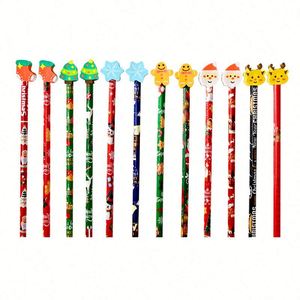 Crayons promotionnels en bois à thème de Noël avec gomme intégrée pour enfants et écoliers, personnalisables - Product Image 1