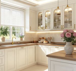 ארון מטבח מעץ מלא בסגנון שייקר בהתאמה אישית |   עיצוב לבן + דלת זכוכית |   אחסון מואר לד עם חומרה מוזהבת - Product Image 3