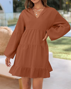 Minimaliste confortable 100% Polyester solide femmes robes élégant col en V lanterne à manches longues <span class=keywords><strong>tunique</strong></span> couches à volants ourlet Mini robes - Product Image 3