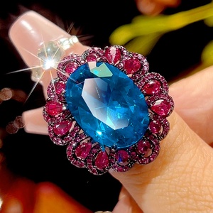 Fashion Eco-friendly Copper Bridal Set Jewelry 13*18-10*12mm Blue Zircon Black Gold Vintage Necklace <b>Earrings</b> Ring Set - Product Image 4