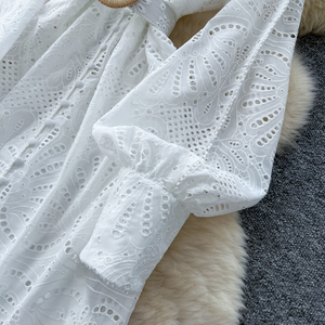 Robe longue décontractée brodée en creux col rond robe femmes manches lanterne cravate taille fine robe élégante mode femmes <span class=keywords><strong>vêtements</strong></span> - Product Image 6