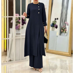 IStapromo Casual Maxi Dress Women Long Sleeve Solid Color Asymmetrical Hem Loose Fit Crew Neck Button Front <b>Three</b> Quarter - Product Image 5