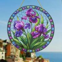Attrape-soleil 2D en acrylique, imprimé UV, gravé au laser, motif floral rétro cercle parfait, style vitrail, ornement suspendu pour fenêtre
