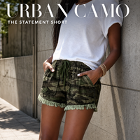 Shorts en jean camouflage taille haute pour femme - Short cargo en jean vert vintage imprimé camouflage avec cordon de serrage - Coupe ample et stylée