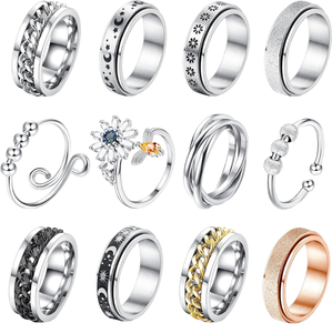 <span class=keywords><strong>Anillo</strong></span> Giratorio <span class=keywords><strong>de</strong></span> Acero Inoxidable con <span class=keywords><strong>Baño</strong></span> <span class=keywords><strong>de</strong></span> <span class=keywords><strong>Oro</strong></span> Real <span class=keywords><strong>de</strong></span> 14K, Joyería Antiestrés con Diseño <span class=keywords><strong>de</strong></span> Estrella, Luna y Margarita, No se Deslustra - Product Image 1