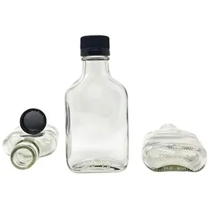 Стеклянная колба 100 мл (3,3 унции), бутылка для ликера с черными колпачками, плоская колба, стеклянная бутылка для ликера с алюминиевой закручивающейся крышкой