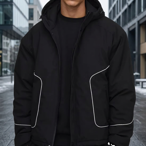 Men's Black Hooded Puffer Jacket Windproof Thick Polyester Wadding Casual Winter <b>Coat</b> with White <b>Stitching</b> Zipper Closure - Product Image 3