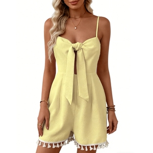 Women's Waffle Knit <b>Tie</b> Front Romper Spaghetti Strap Smocked <b>Back</b> Tassel Hem Casual Summer Jumpsuit for Vacation Fashion - Product Image 4