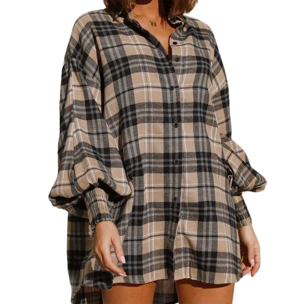 Customizable Oversized Pleated Cuffs Puff Sleeve Women Casual Ladies Check Shirts Designs