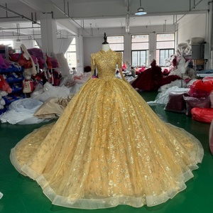 Robe de soirée de luxe Jxs14 moderne, style royal, grande taille, avec appliques en cristal, dorée, coupe princesse, pour Quinceañera, avec traîne chapelle - Product Image 2
