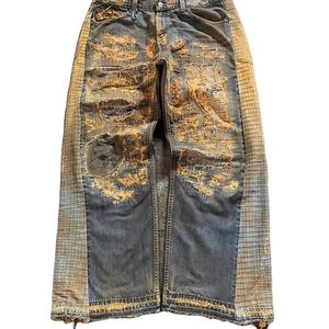 LEDUO OEM giysi erkekler moda artı boyutu erkek kot pantolon özel işlemeli yıkanmış sarı yok Baggy kot erkekler için - Product Image 1