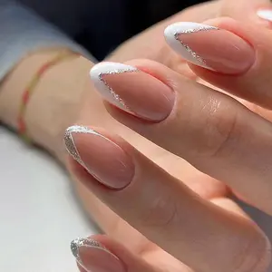 Faux-ongles à pression pour filles, 24 pièces/boîte, manucure française, tête ovale, blanc et argent, design, artificiels, avec colle