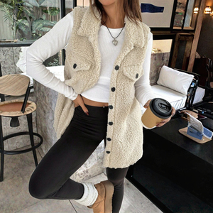 Thickened <b>Warm</b> Design Knitted Button Casual <b>Cardigan</b> Lapel <b>Women's</b> Sleeveless Loose Solid Color Eco-Friendly Windproof Fleece - Product Image 3