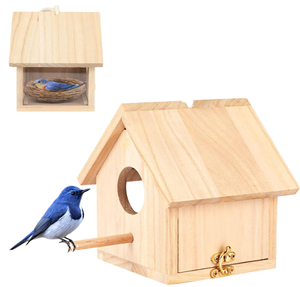 Nichoirs triangulaires en bois écologiques à motifs imprimés avec cordon en acrylique pour suspension extérieure, pour pinsons, colibris et cardinaux - Product Image 1