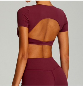 Women Twist Front Deep V <b>Crop</b> Yoga T Shirt Hollow Back Short Sleeve Built In Padded Bra Workout Tee Slim Fit Pilates Fitness <b>Top</b> - Product Image 3